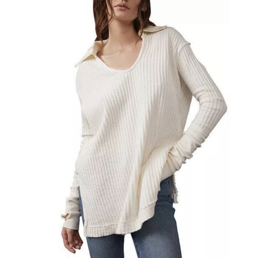 WE THE FREE Top XS FREE PEOPLE Raymond Thermal Waffle Tunic Thumbholes Bone Boho